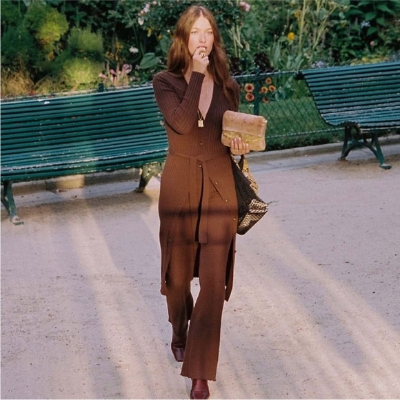 Rouje Marielle Merino Wool Ribbed Button Front Midi Dress Duster Cardigan 34/US2 - Picture 2 of 9